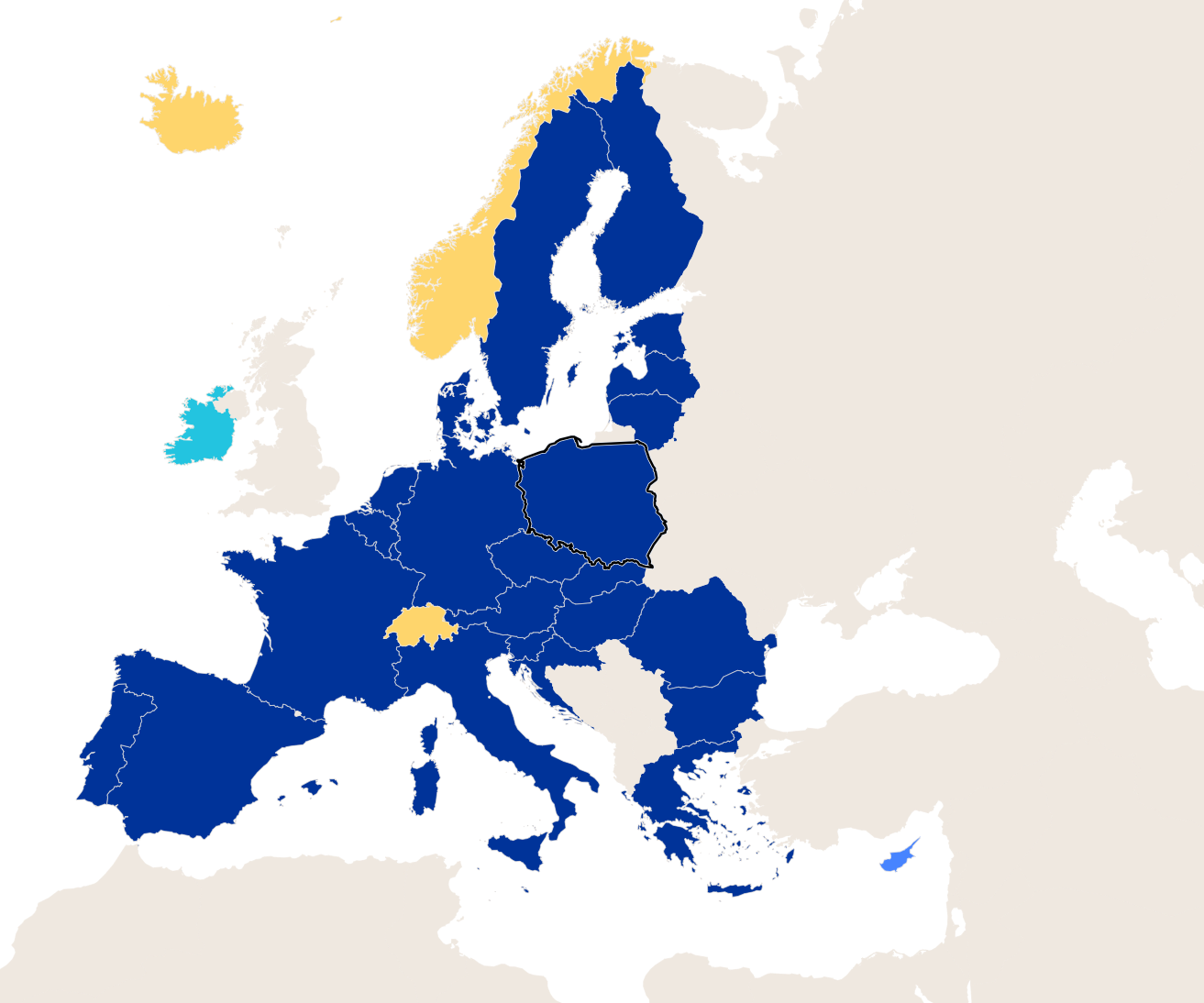 Bản đồ các quốc gia thành viên Schengen
