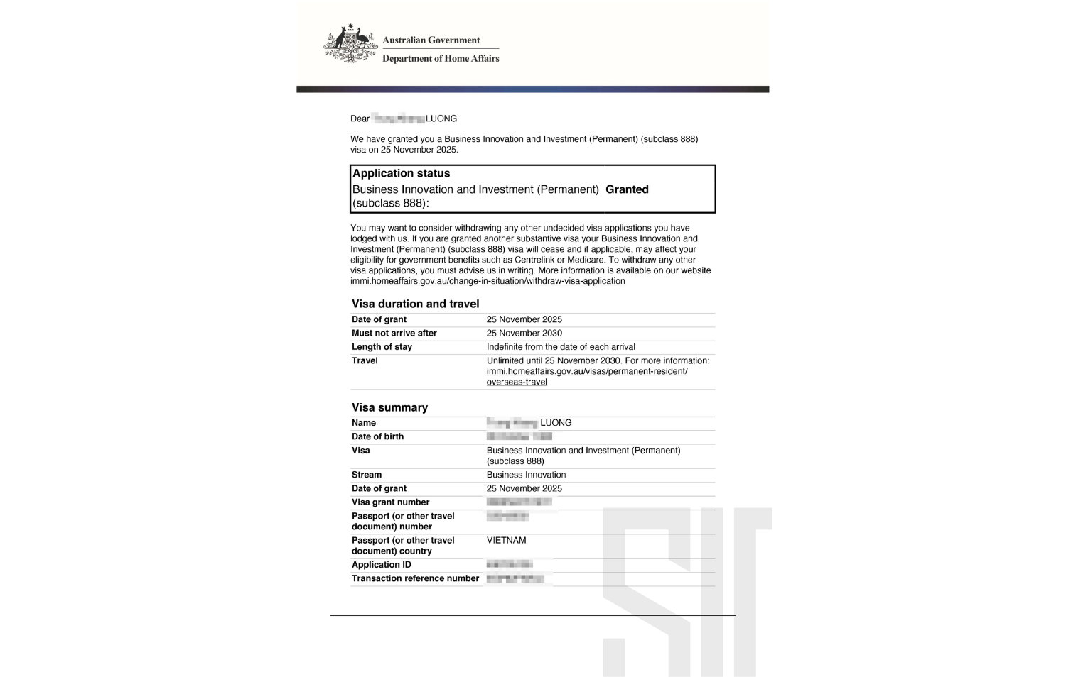 Ba thành viên gia đình anh L.T.K. được cấp grant visa ngày 25/11/2025, chỉ 4 tháng sau khi SI Group nộp hồ sơ lên liên bang.