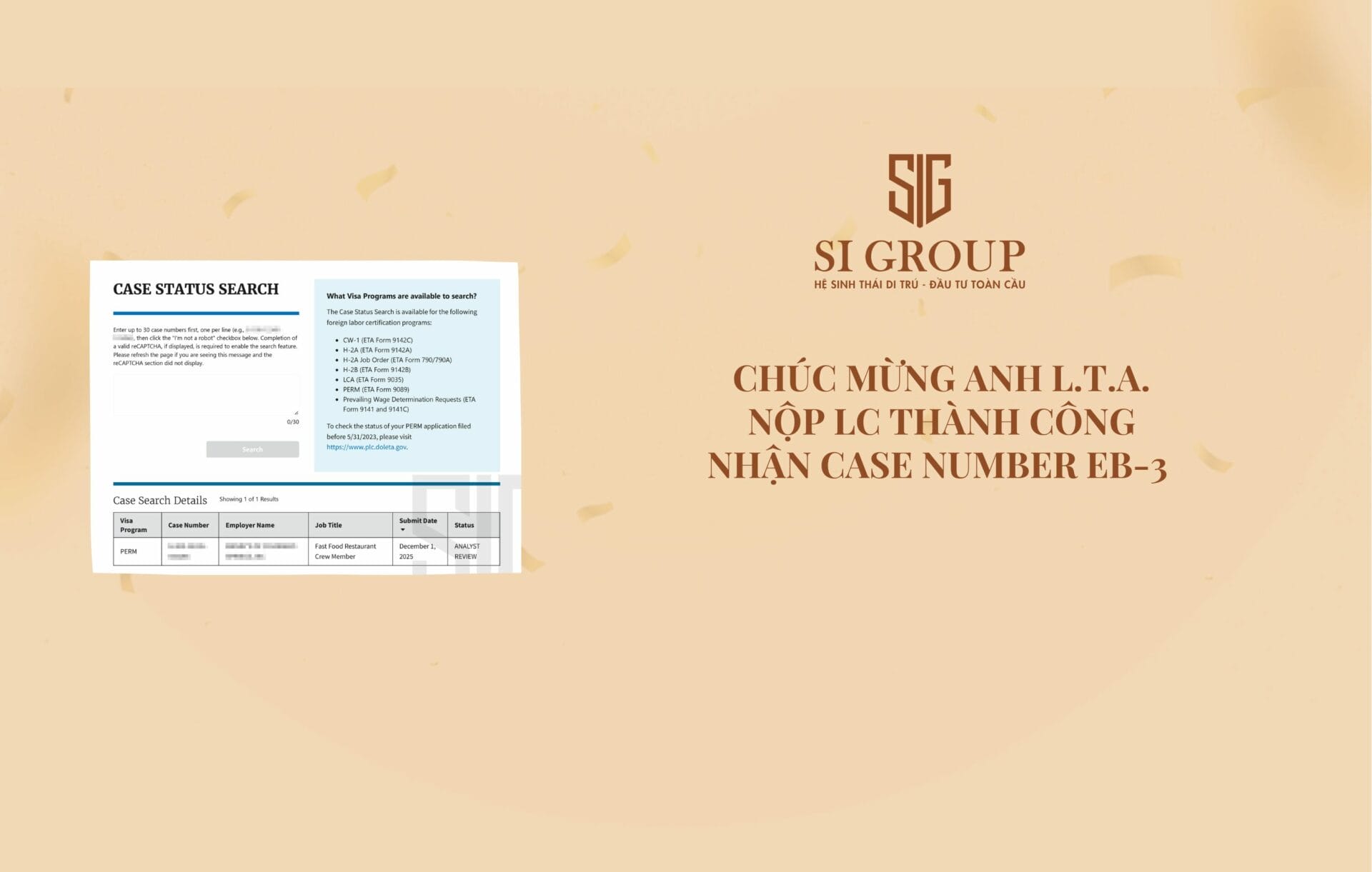 Chúc mừng anh L.T.A. nộp LC thành công & nhận Case Number EB-3  