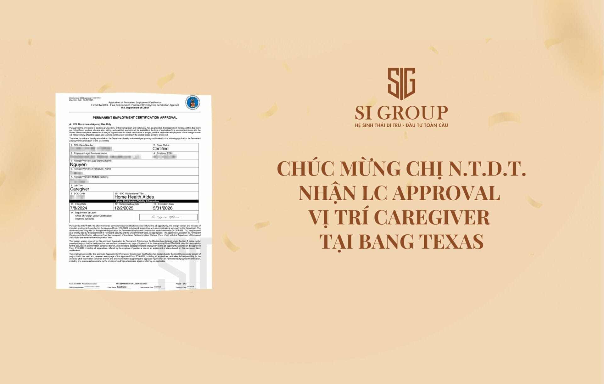 Chúc mừng chị N.T.D.T. được duyệt LC vị trí Caregiver tại bang Texas