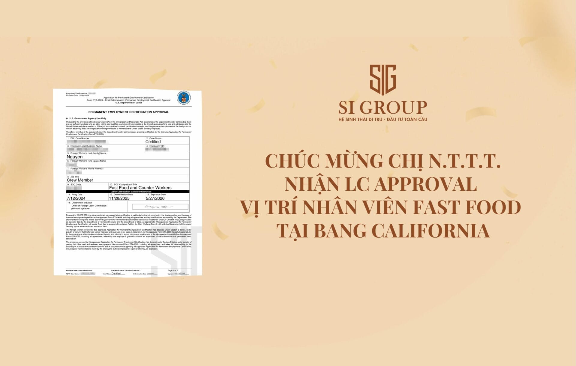 Chúc mừng chị N.T.T.T. được duyệt LC vị trí nhân viên fast food tại bang California 