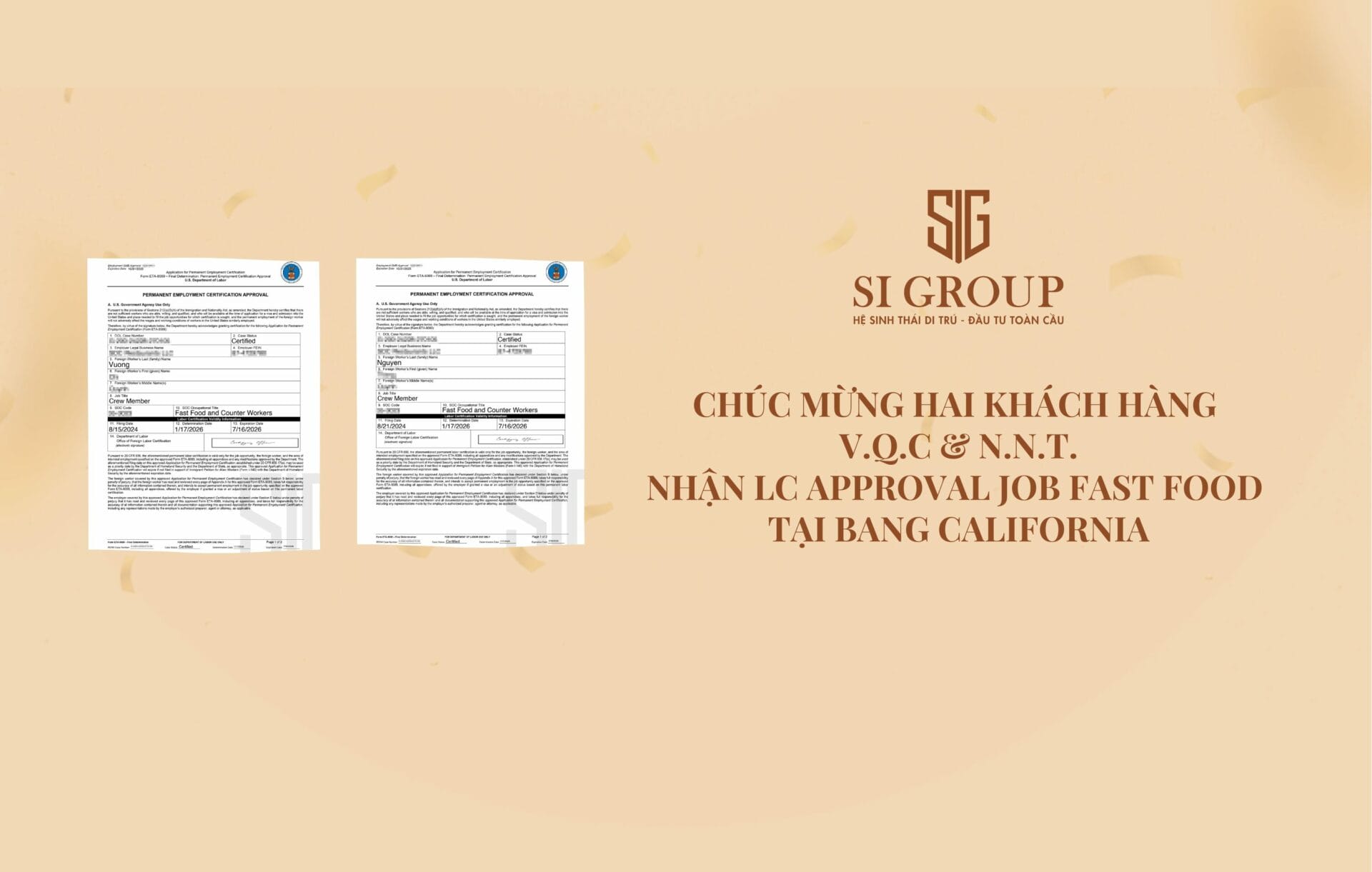 Chúc mừng khách hàng V.Q.C và N.N.T. được duyệt LC Job Fast Food tại bang California